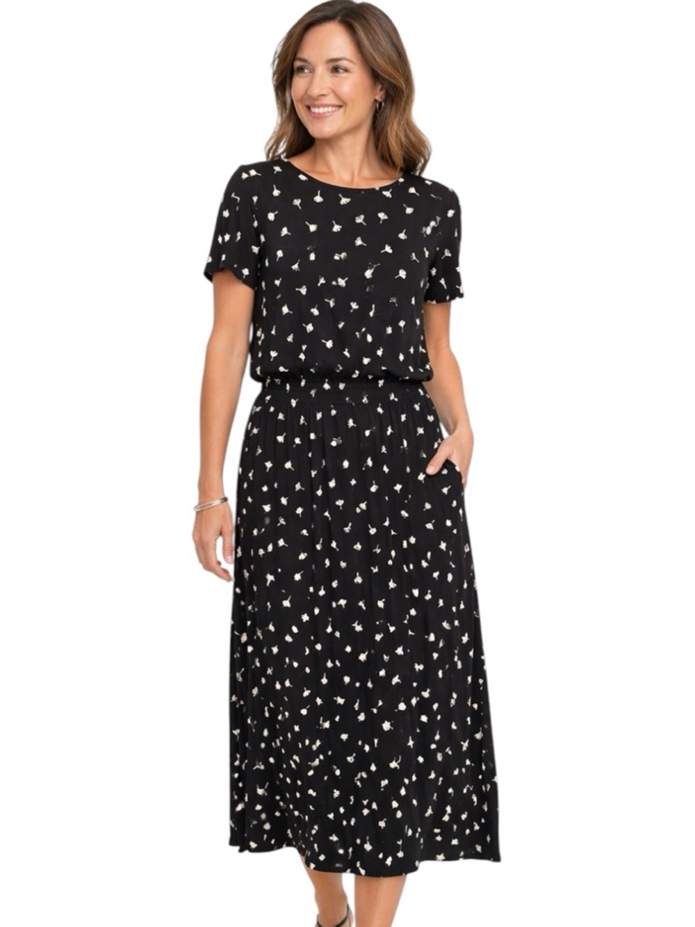 J Jill Wearever Midi‎ Dress Black White Print Elastic Waist Short Sleeve Casual